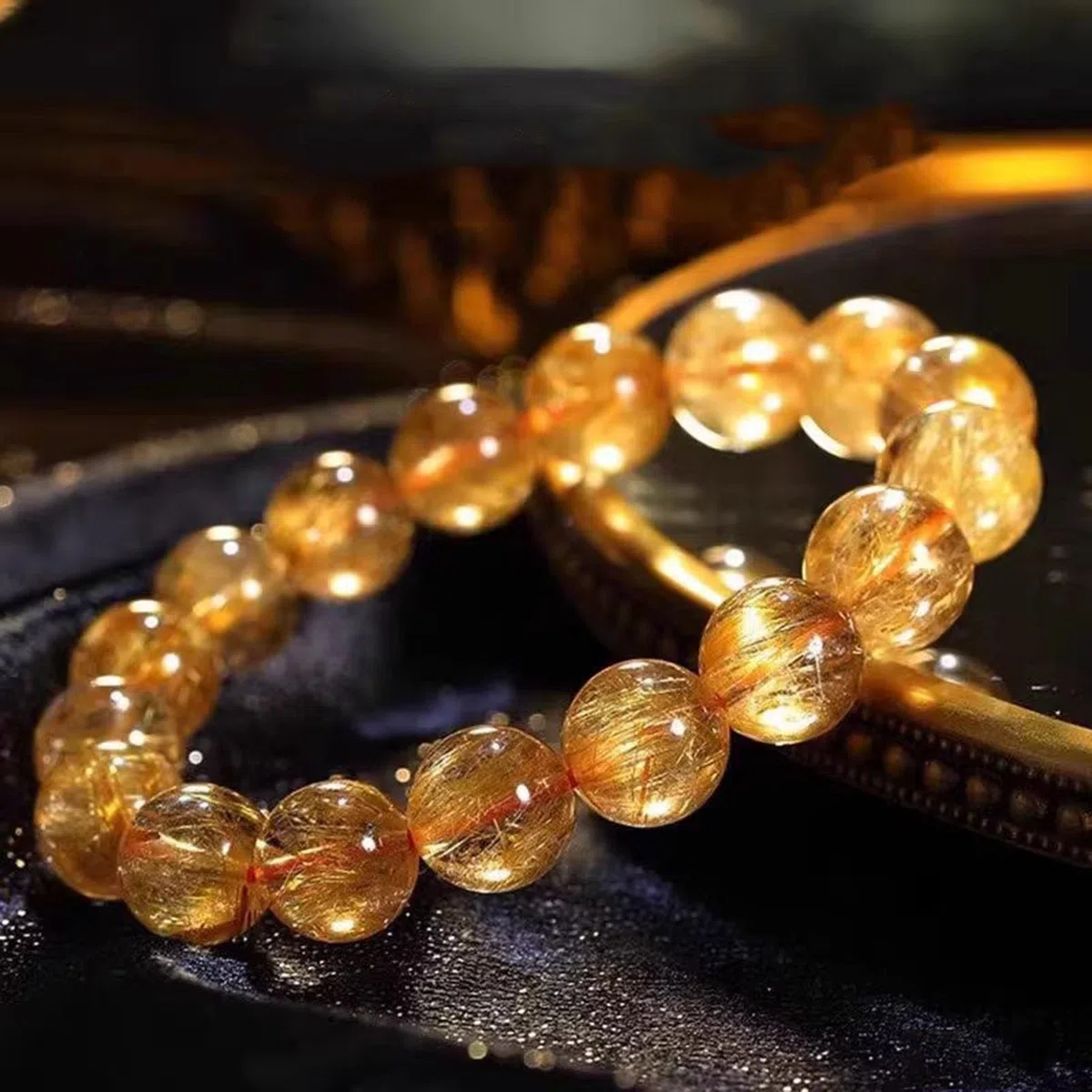Pulsera de Cuarzo rutilado Amarillo con Piedras Preciosas curativas, Cristales Naturales, Pulsera de Cuentas Chakras, Cuentas de Cristal Ajustables, Cuarzo rutilado Dorado, Pulido,10MM