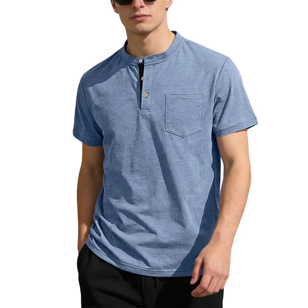 Camiseta de manga corta con botones de color puro para hombre, 80 % algodón, 20 % lino, cómoda y ajustada, para uso diario