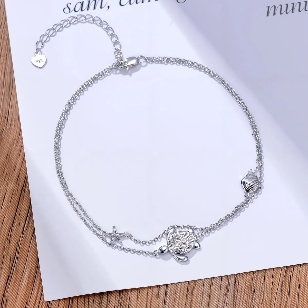 Tobillera con diseño de tortuga marina de diamante para mujer, plata de ley 925, diseño de capas con diamantes de laboratorio, regalo de joyería de cumpleaños