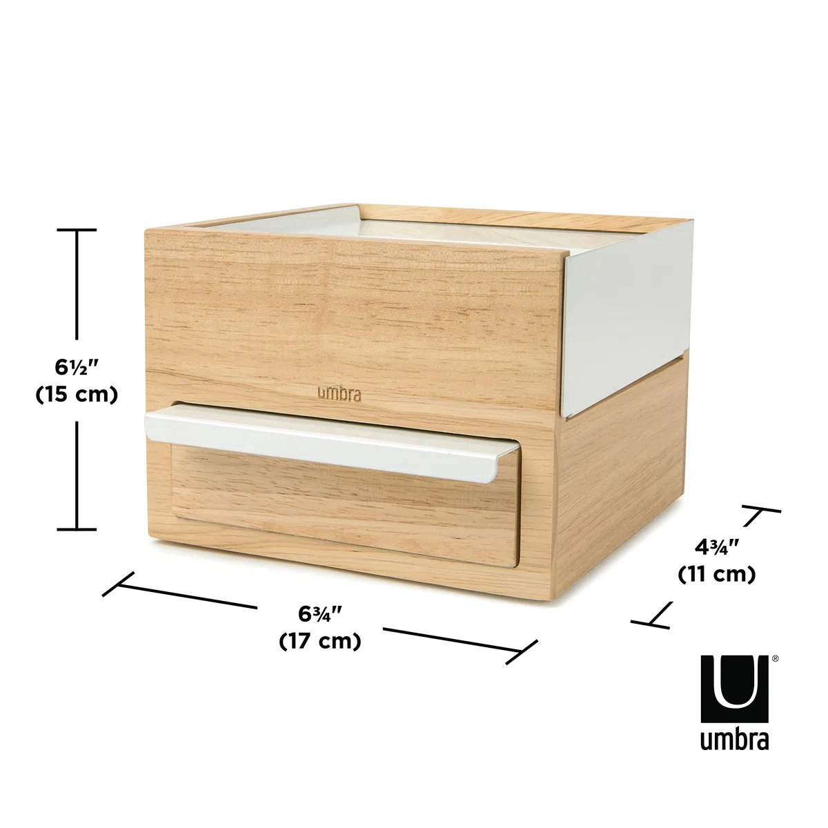 Umbra Mini Stowit Caja de joyas - Moderno organizador de joyas con cajones de compartimento oculto para anillo, pulsera, reloj, collar, pendientes y accesorios, Blanco/Natural