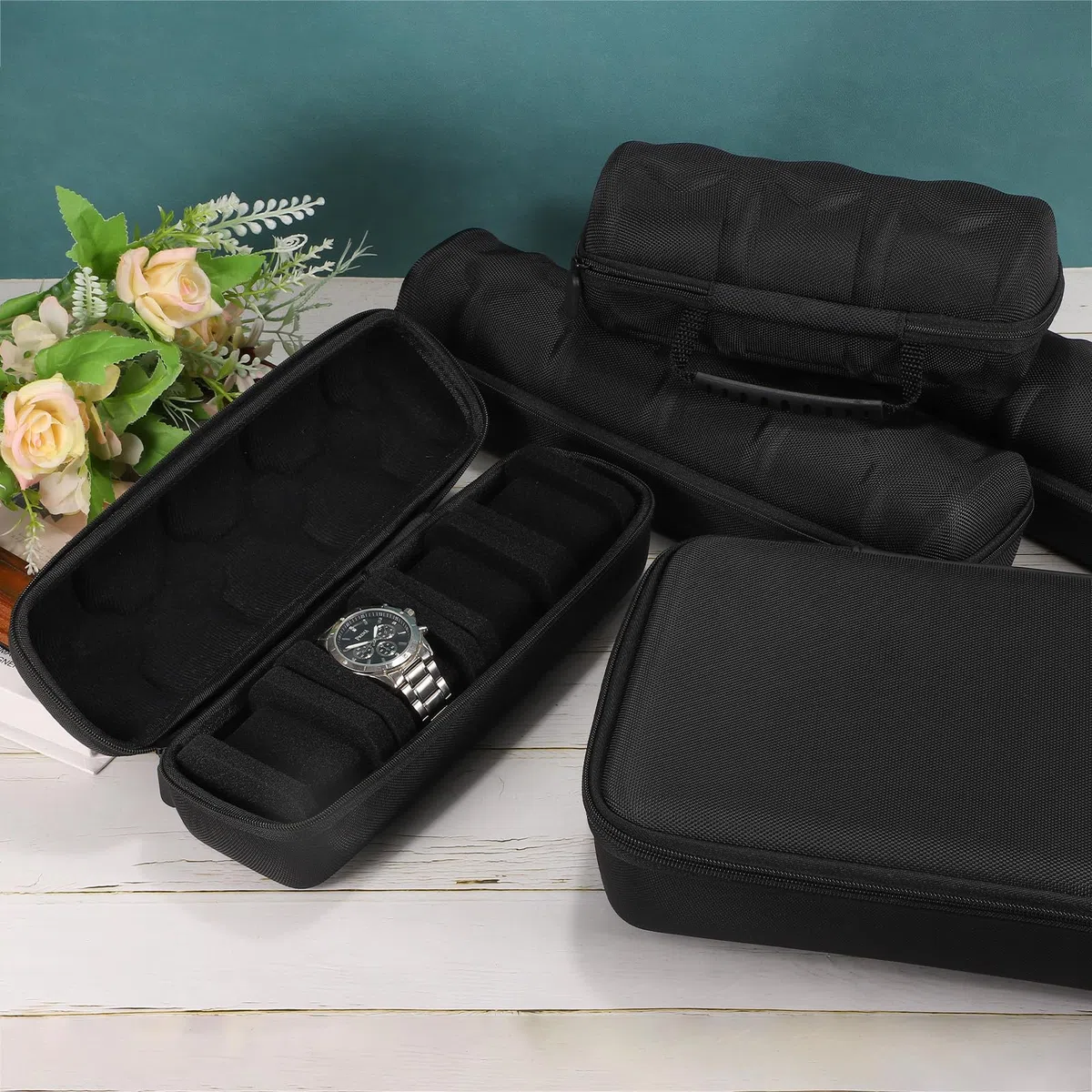 sourcing map Estuche rígido de viaje con 10 ranuras, organizador de exhibición de relojes para hombres y mujeres con almohada suave para la mayoría de relojes y relojes inteligentes de hasta 40 mm,