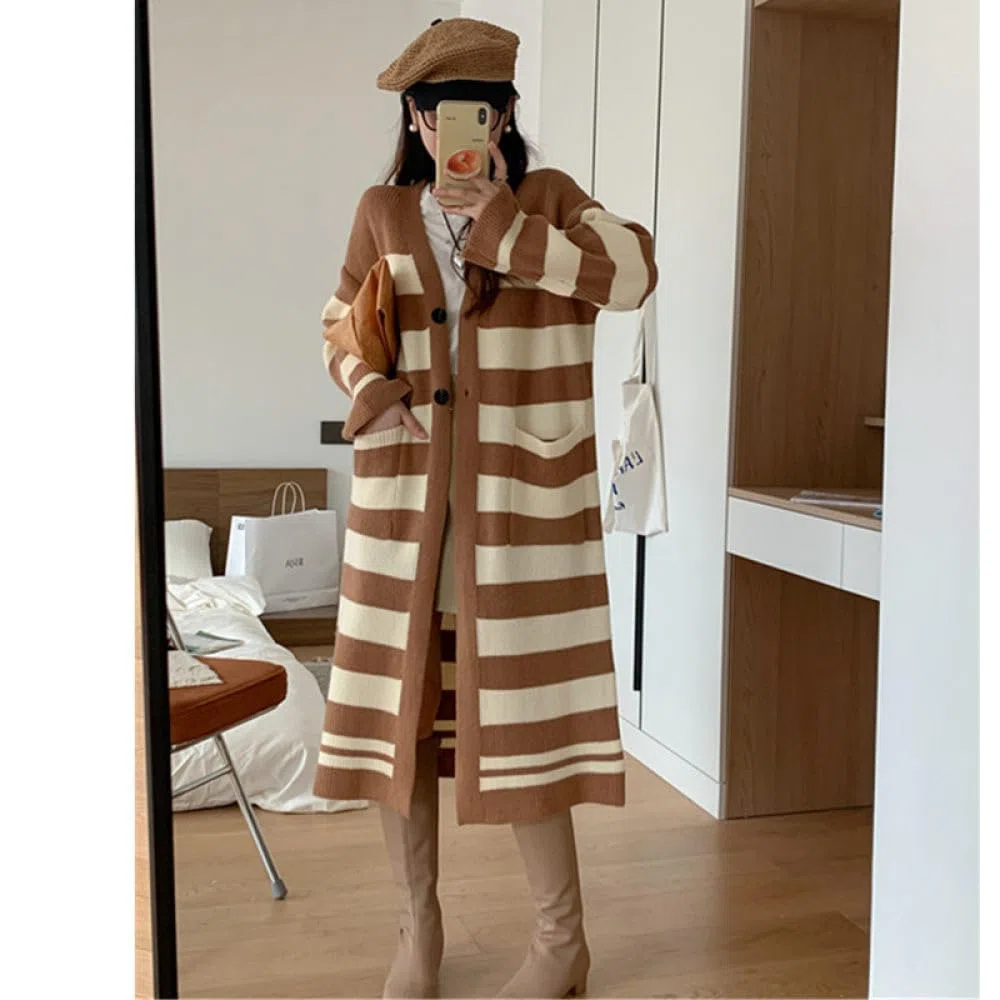 Cárdigans Largos Para Mujer,Rayas Vintage Cárdigan Largo De Punto Botones Delanteros Abiertos Suéter Con Cuello En V Para Mujer Abrigo Otoño Invierno Chaqueta De Punto Suelta Y Cálida Suéter P