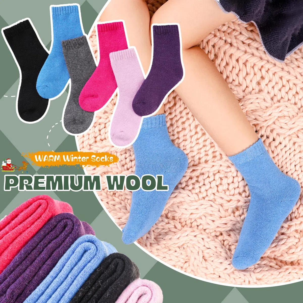 DoSmart Children's Winter Warm Wool Solid Color Socks Kids Boy Girls Hiking Thermal Boot Crew Socks 6 pares