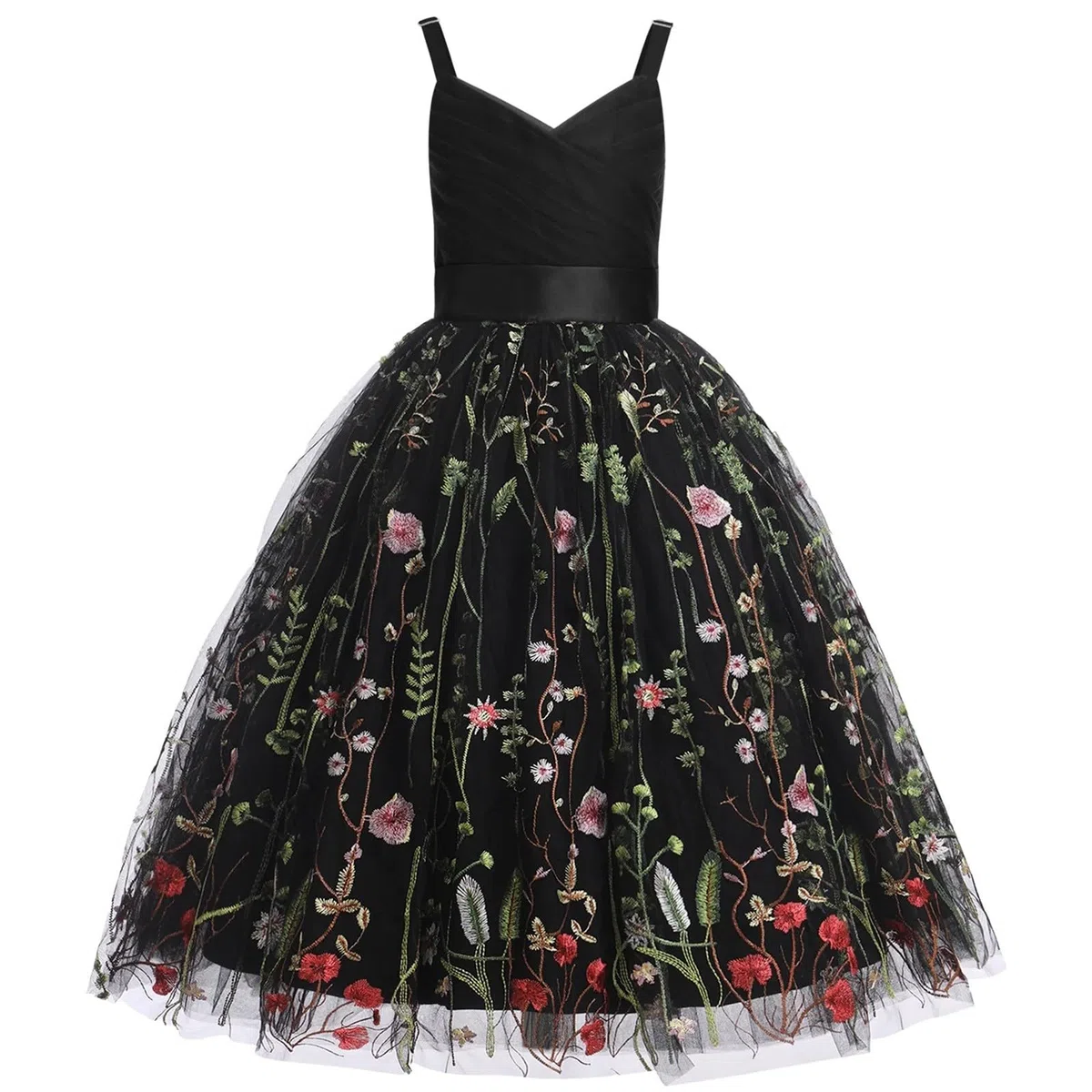Generisch Falda de tul para niña, color negro, moda infantil, con tirantes bordados, vestido de cumpleaños para niños (3-14 años)