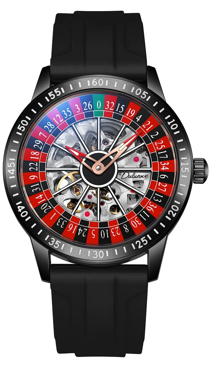 MASTOP Roulette Wheel Reloj mecánico automático para Hombre con Esfera giratoria y Esqueleto Hueco de Acero Inoxidable Impermeable