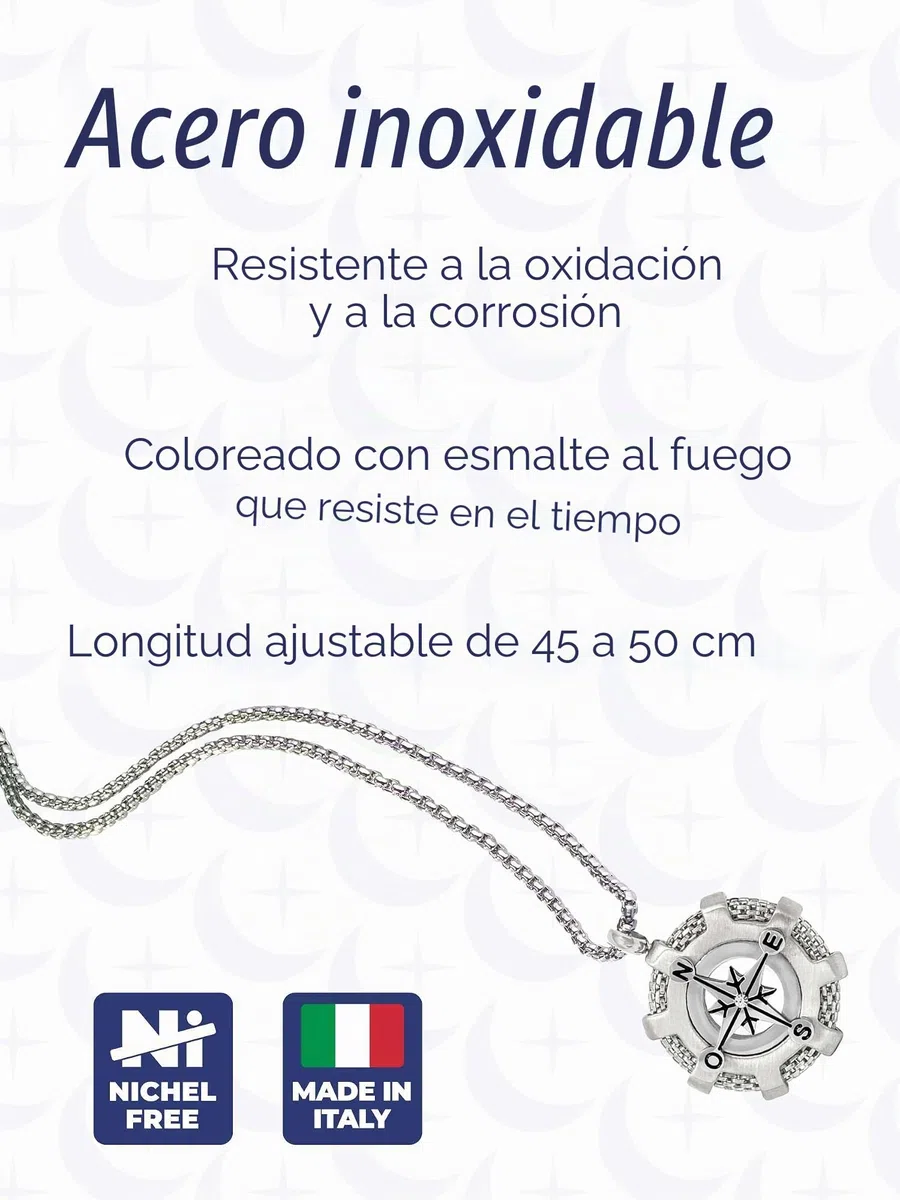 inSCINTILLE Collar Rosa de los Vientos de Acero Inoxidable para Hombre Colgante Náutico, Longitud Ajustable 48-53cm con Caja de Regalo Incluida