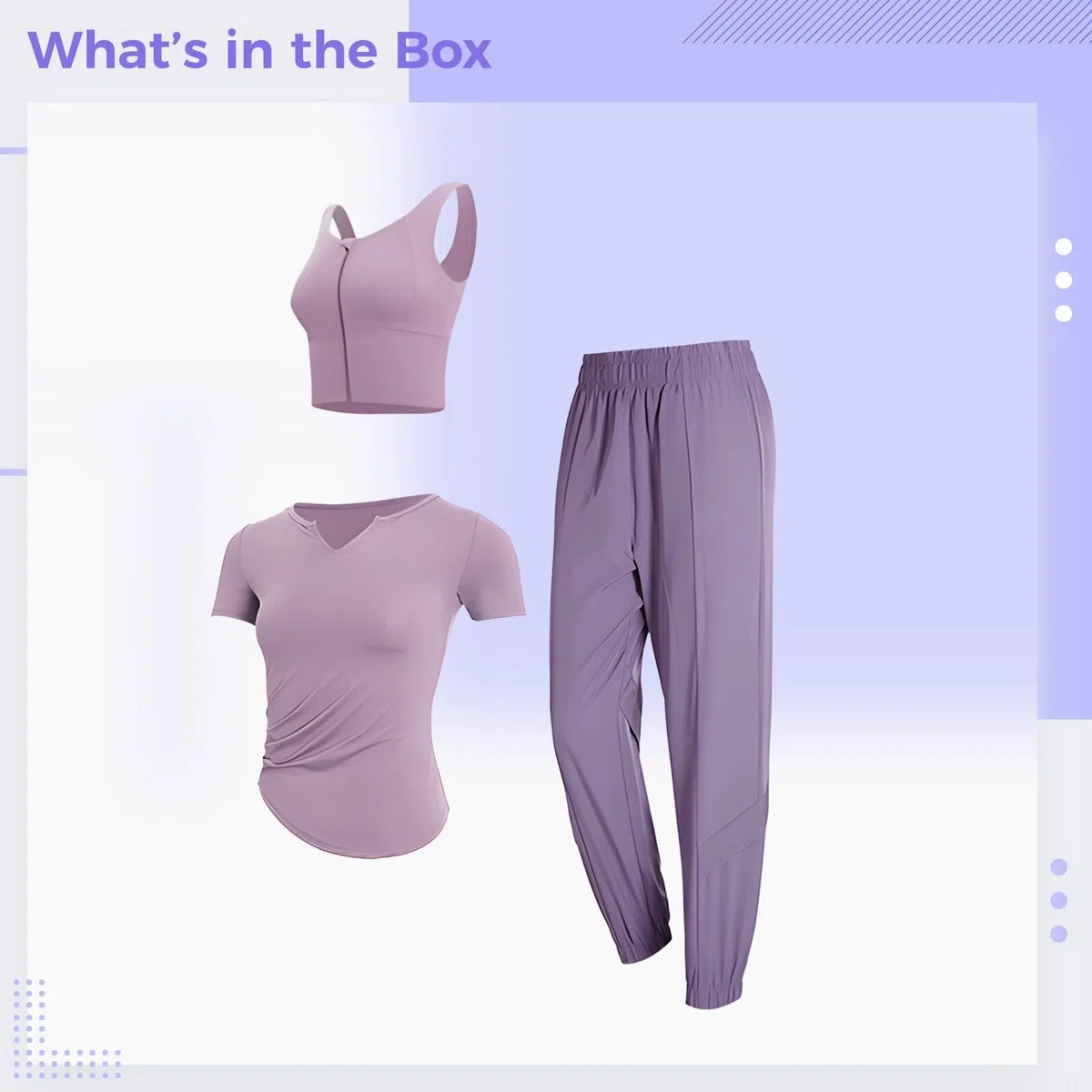 Conjunto de yoga y gimnasio de 3 piezas para mujer, brasier deportivo, camiseta de manga corta y pantalones largos, tela transpirable de elastano y poliéster, talla XXL disponible, Púrpura, talla