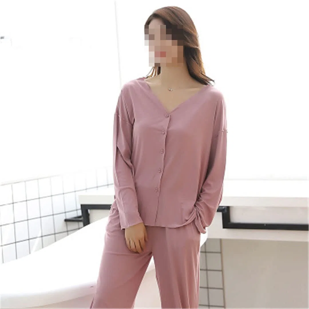 Conjunto de pijama de algodón suelto de manga larga para mujer, casual, otoño, invierno, cuello en V, caqui, L