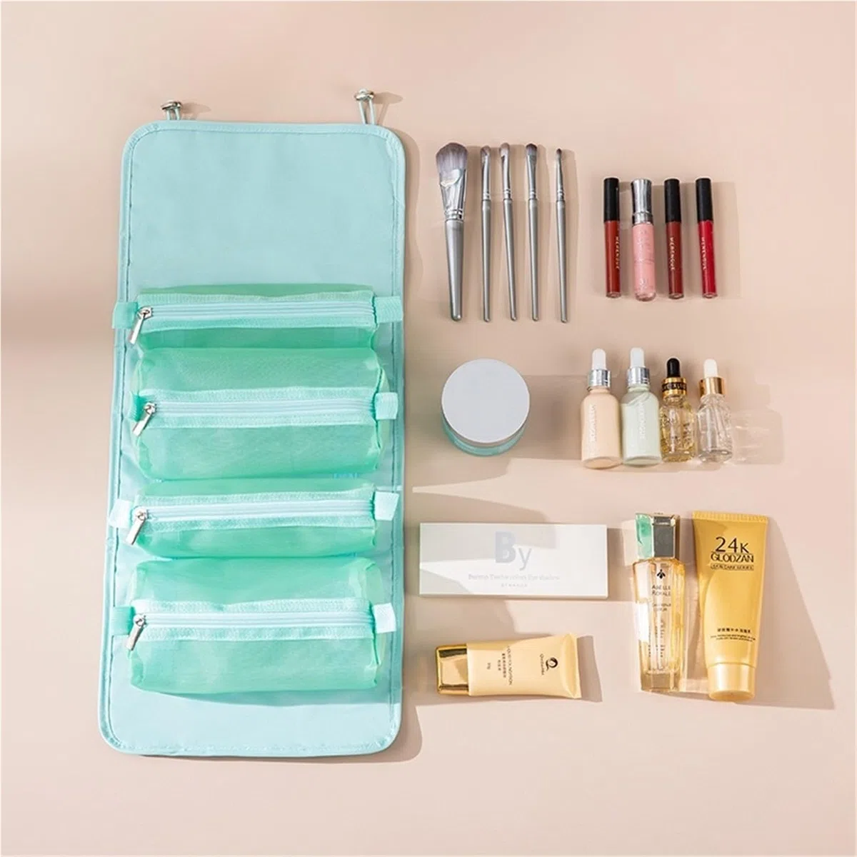 1 Uds Bolsa de cosméticos Desmontable portátil Gran Capacidad 4 en Bolsas Maquillaje Plegable Viaje Almacenamiento Aseo para Viajar(Green)
