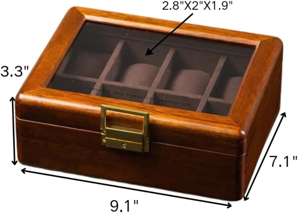 Caja de Madera para Relojes 8 Espacios con Tapa de Cristal Nogal Organizador de Exposición para Hombres Mujeres, 8 Slots-Terciopelo marrón Profundo, Madera Maciza de Teca Dorada