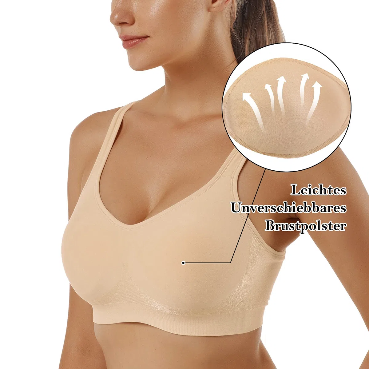 Vertvie Sujetador deportivo con cremallera frontal para mujer, sujeción fuerte, sujetador push up, sin aros, espalda elástica, acolchado, secado rápido, para fitness, yoga Schwarz+weiß+haut