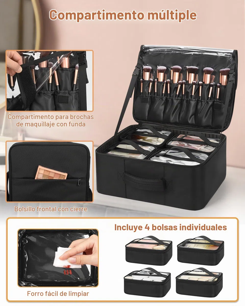 Relavel Mochila de maquillaje XL, estuche profesional de viaje para artistas de maquillaje, con 4 bolsillos transparentes, caja organizadora de pinceles con separadores para cosméticos, herramientas