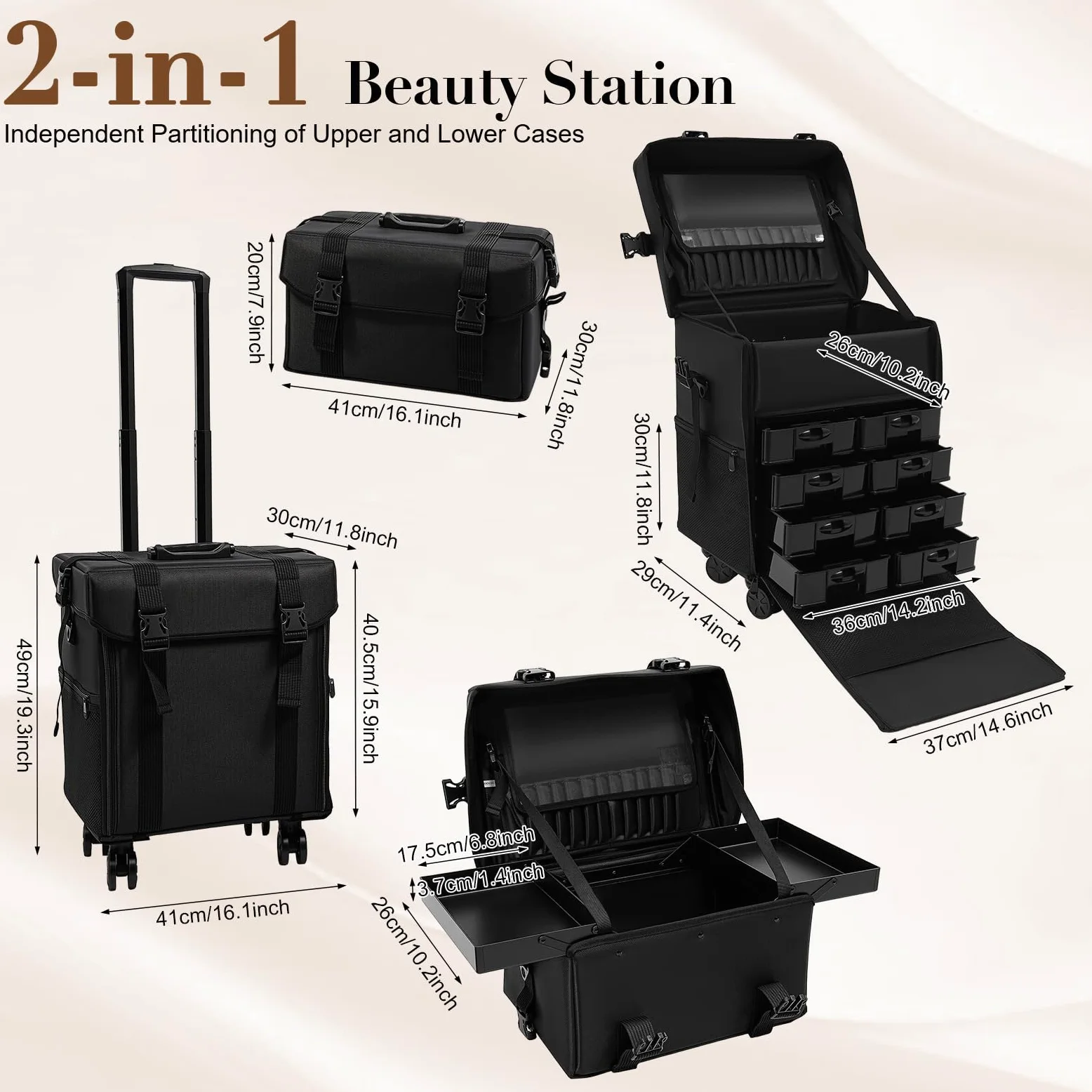 Maleta de peluquería con 8 cajones, 2 en 1, maletín de maquillaje profesional, maletín de maquillaje para viaje, color negro