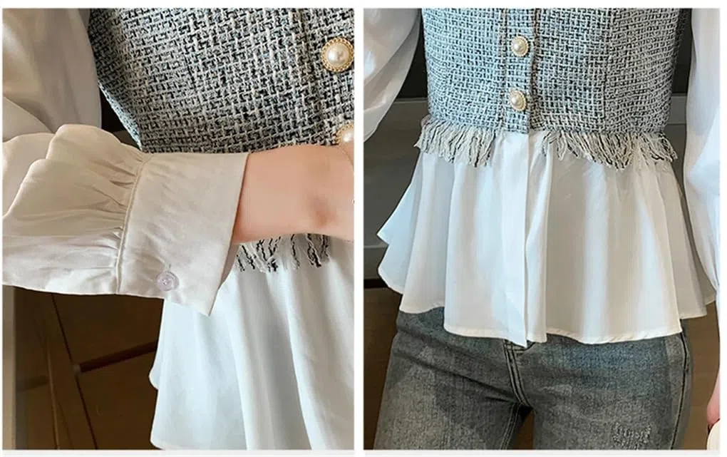 Blusa de chifón con cuello en V para mujer, manga larga, con botones, informal, de retazos, para oficina, trabajo