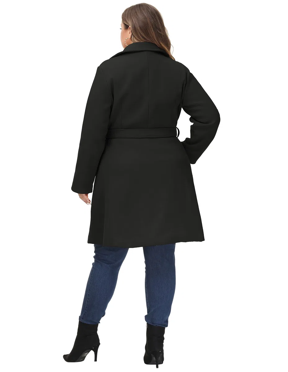 Hanna Nikole Abrigo de lana para mujer, talla grande, doble botonadura, abrigo de invierno con cinturón de bolsillo, cortavientos midi de manga larga