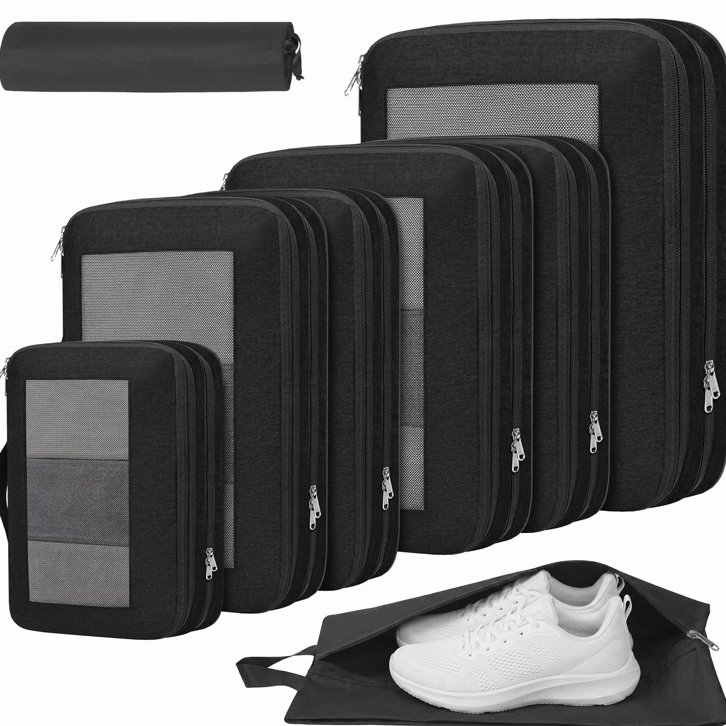Set de 8 cubos de almacenamiento con compresión extra fuerte, bolsas espaciosas de malla transpirable y nailon, aptas para guardar ropa y zapatos en casa o de viaje, Negro