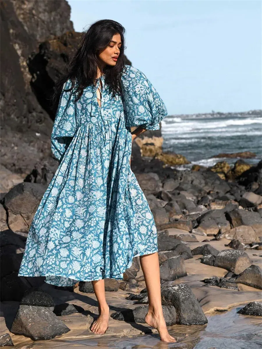 Hdhdeueh Vestido casual de gran tamaño para mujer, estampado de vacaciones, cuello en V, media manga, holgado, vestido midi bohemio