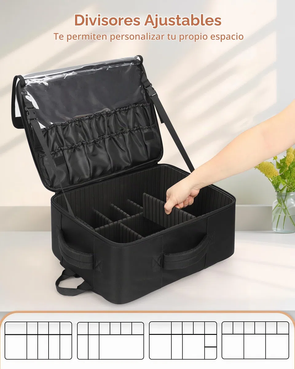 Relavel Mochila de maquillaje XL, estuche profesional de viaje para artistas de maquillaje, con 4 bolsillos transparentes, caja organizadora de pinceles con separadores para cosméticos, herramientas