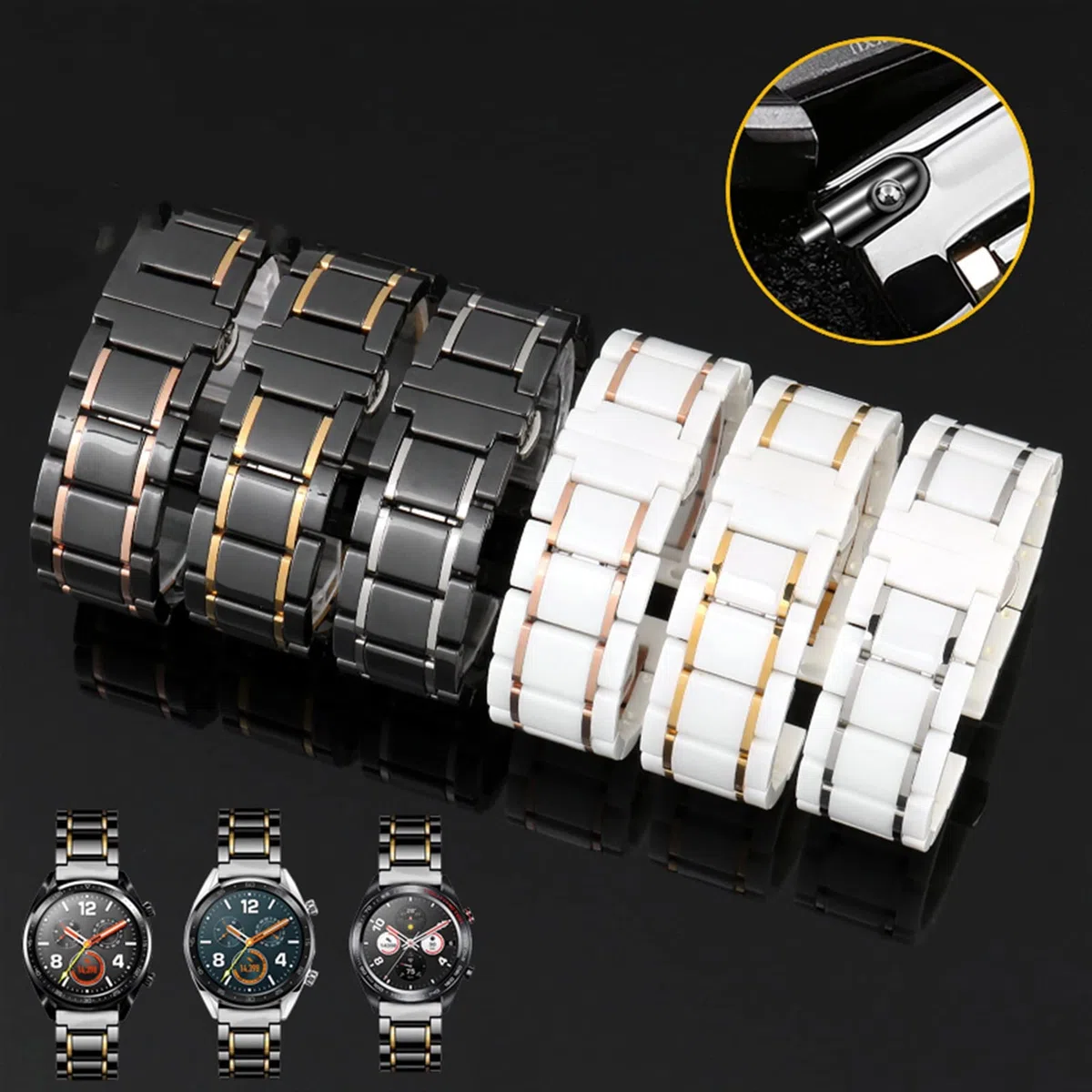 Correa de cerámica y acero inoxidable de lujo de 20 mm y 22 mm de oro negro para hombres y mujeres