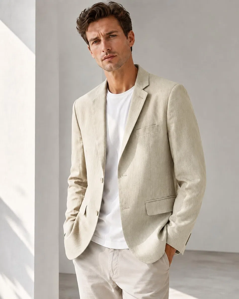 Traje Hombre Blazer De Lino 100% para Hombre Elegante E Informal Chaqueta De Lino Puro con Dos Botones Corte Entallado Estilo Deportivo con Bolsillos Ligero Forrado Ideal para Negocios Bo