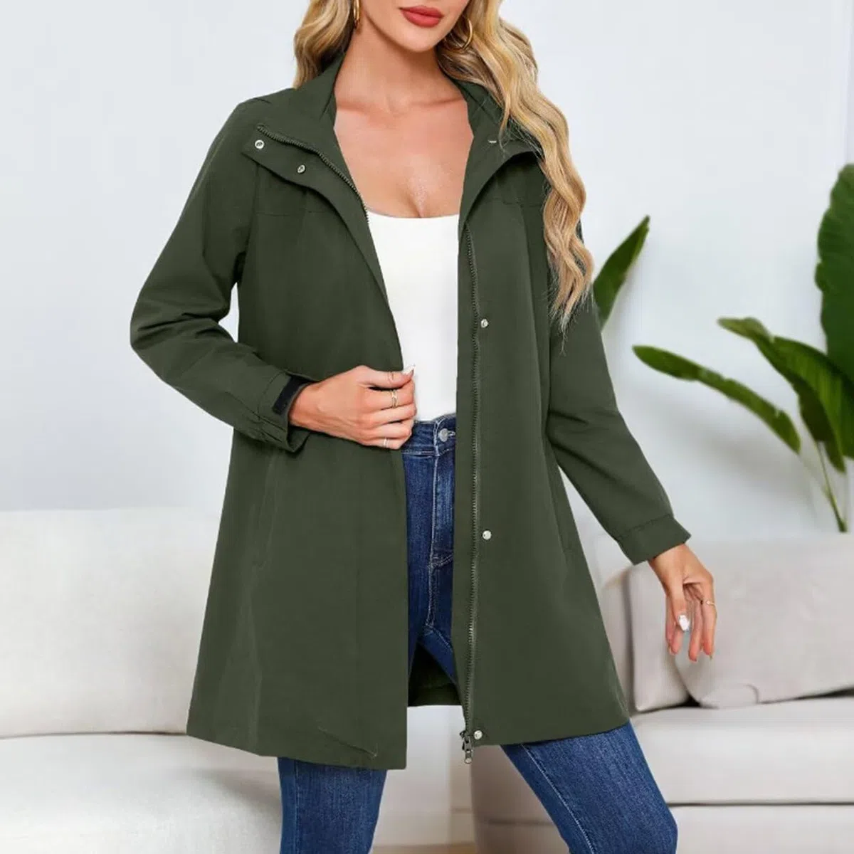 Generisch Poncho de lluvia para mujer, largo, impermeable, con capucha, transpirable, cortavientos, chaqueta de manga larga con cremallera, chaqueta ligera para el tiempo libre