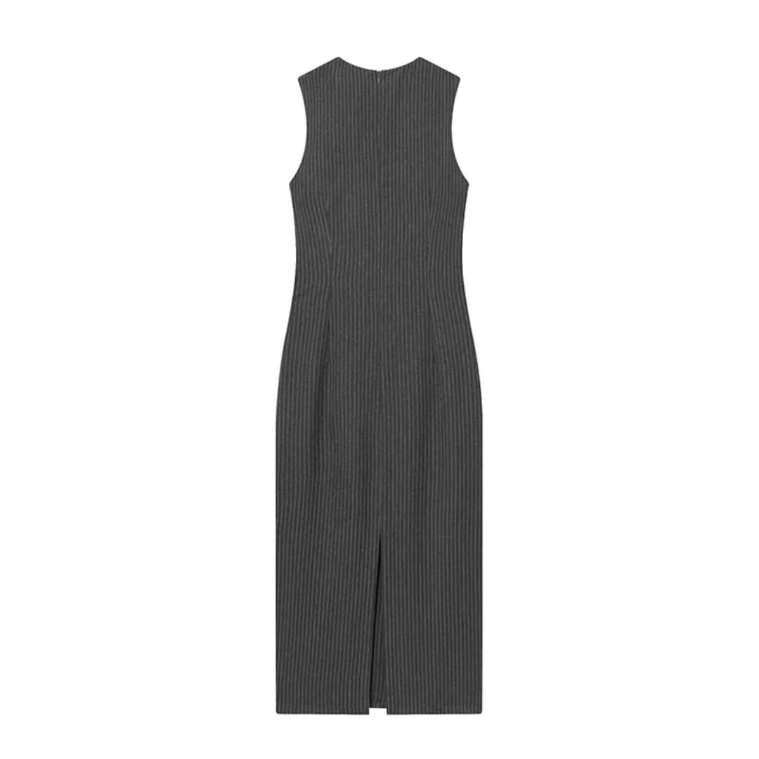 Vestido sin Mangas para Mujer, decoración de Hebilla de Moda, Vestidos Largos con Cuello de O Cuello Fruncido, Vestidos Midi Ajustados para Mujer