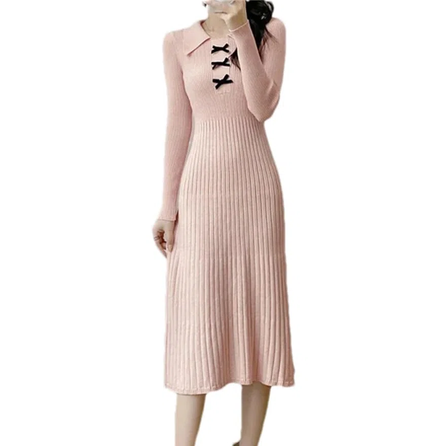 Vestido de punto para mujer, ajustado, cálido, cuello polo, longitud media, casual, parte inferior