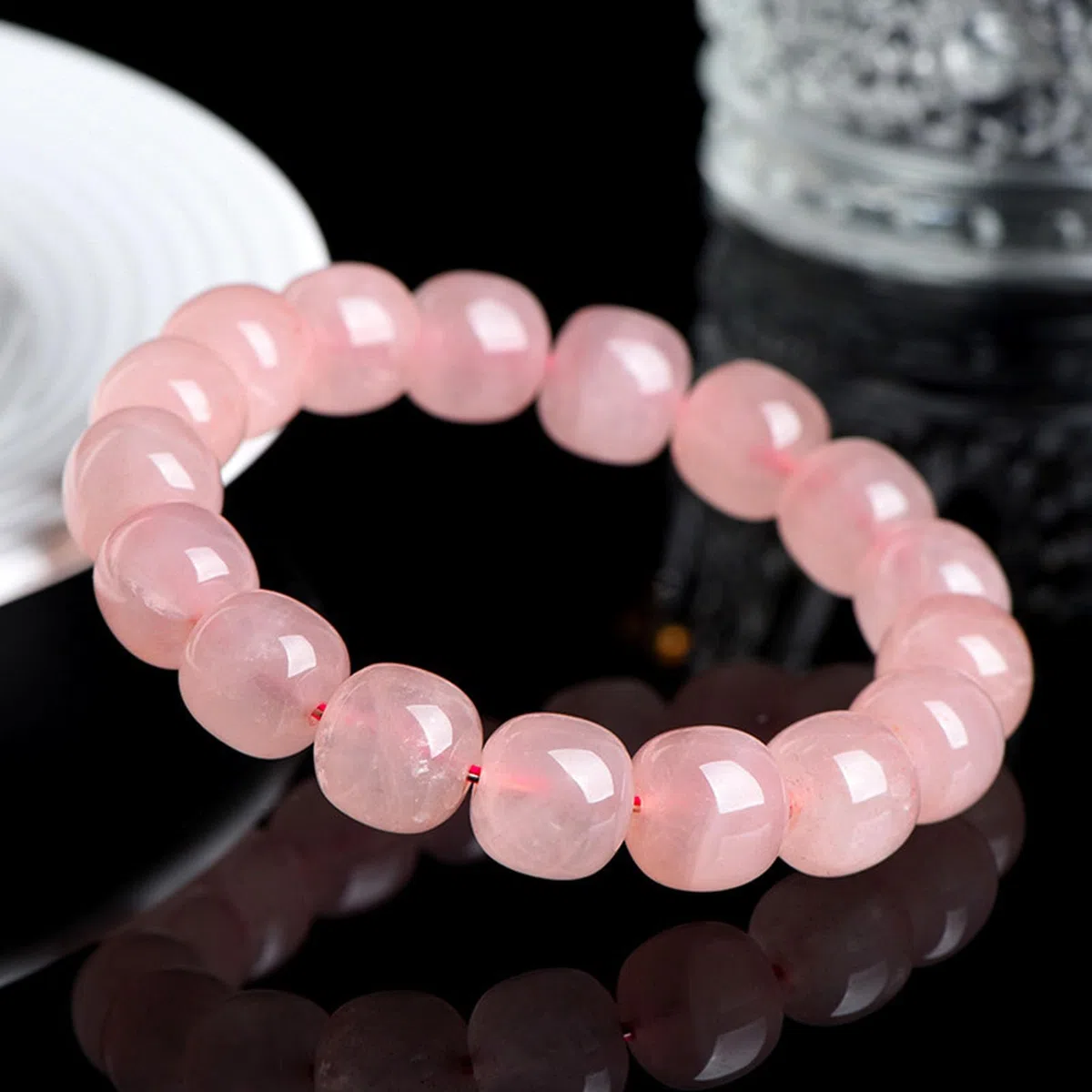 Pulseras Naturales Pulsera de Cuarzo Rosa, Pulsera elástica Hecha a Mano con Piedras Preciosas Rosas Naturales para Amor, energía Positiva, Yoga meditación Unisex para Equilibrio,10 * 12mm