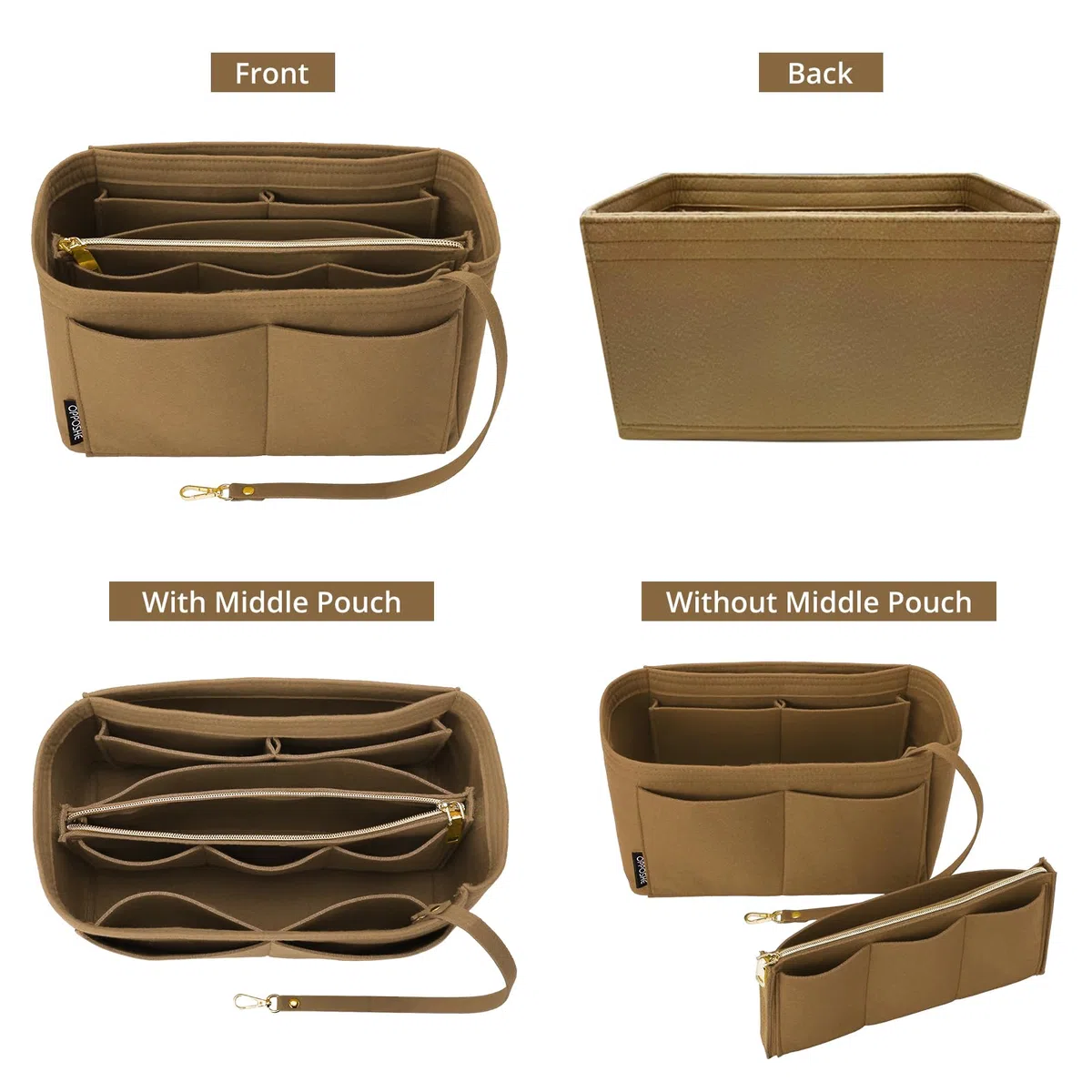 OPPOSHE Organizador de bolso para bolsos, organizador de fieltro suavizado para bolso, organizador de bolso compatible con LV, Coach, MK, Kate Spade, Goyard, Longchamp, marrón, L