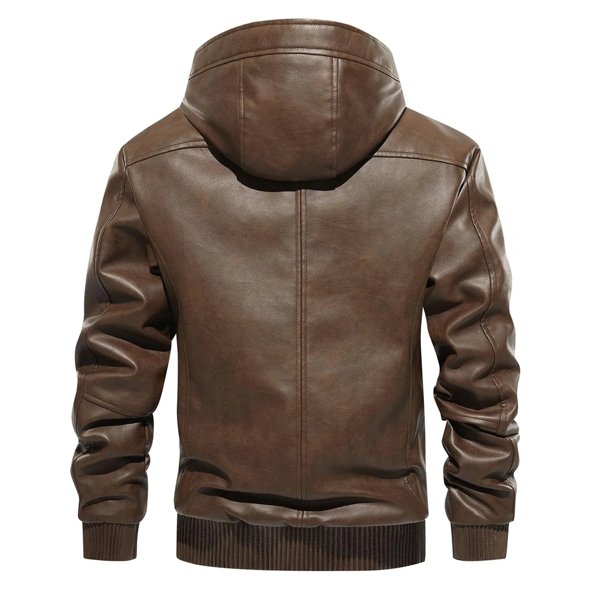 Chaqueta de motociclista de piel sintética cálida para hombre, con forro polar y capucha, abrigo invierno estilo motero, elegante abrigo para hombre