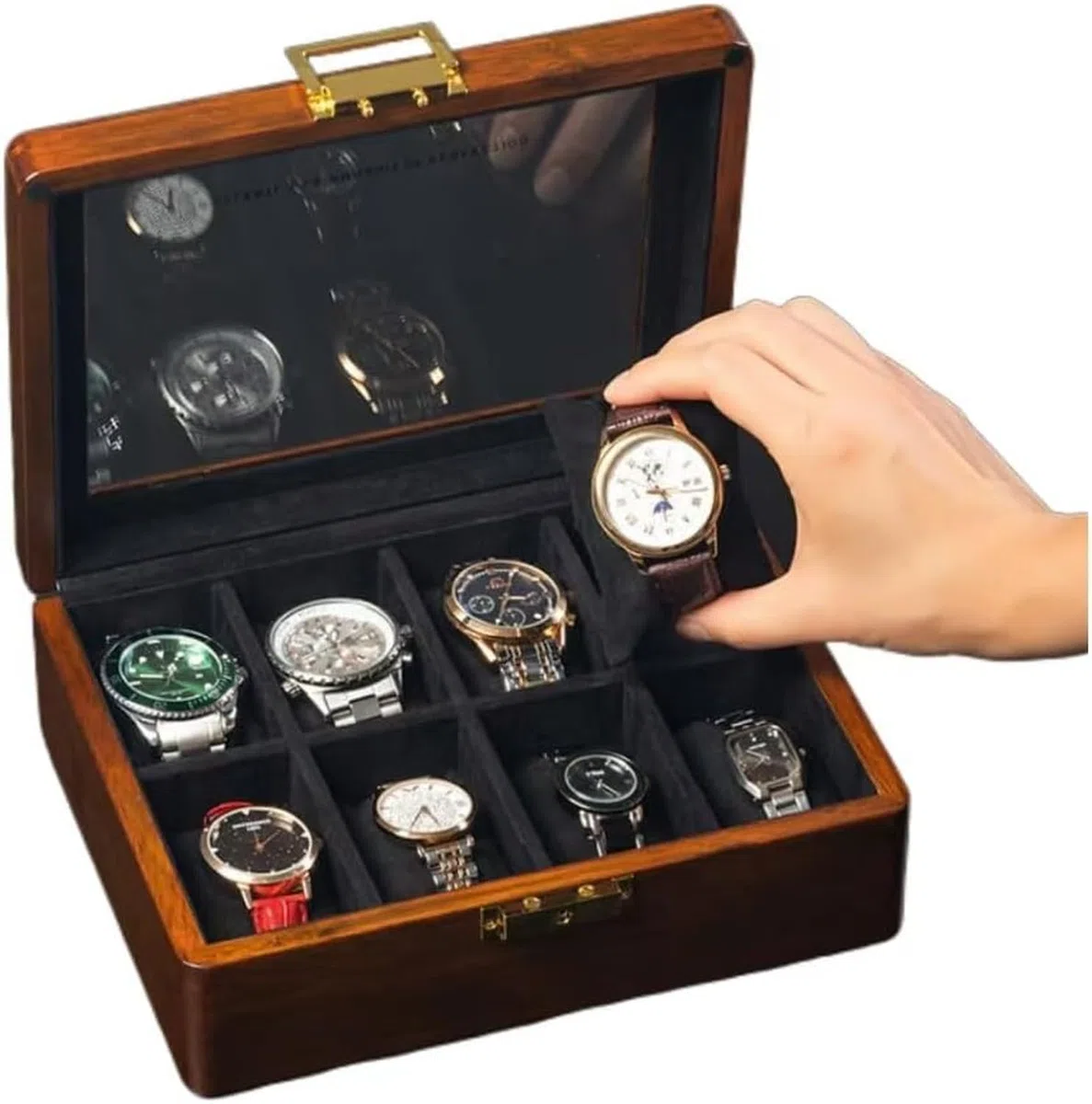 Cajón Relojero de Madera Maciza con 8 Ranuras Tapa de Cristal Nogal Expositor Organizador para Hombre Mujer, 8 Slots-Forro de Terciopelo Negro, Madera Maciza de Teca Dorada