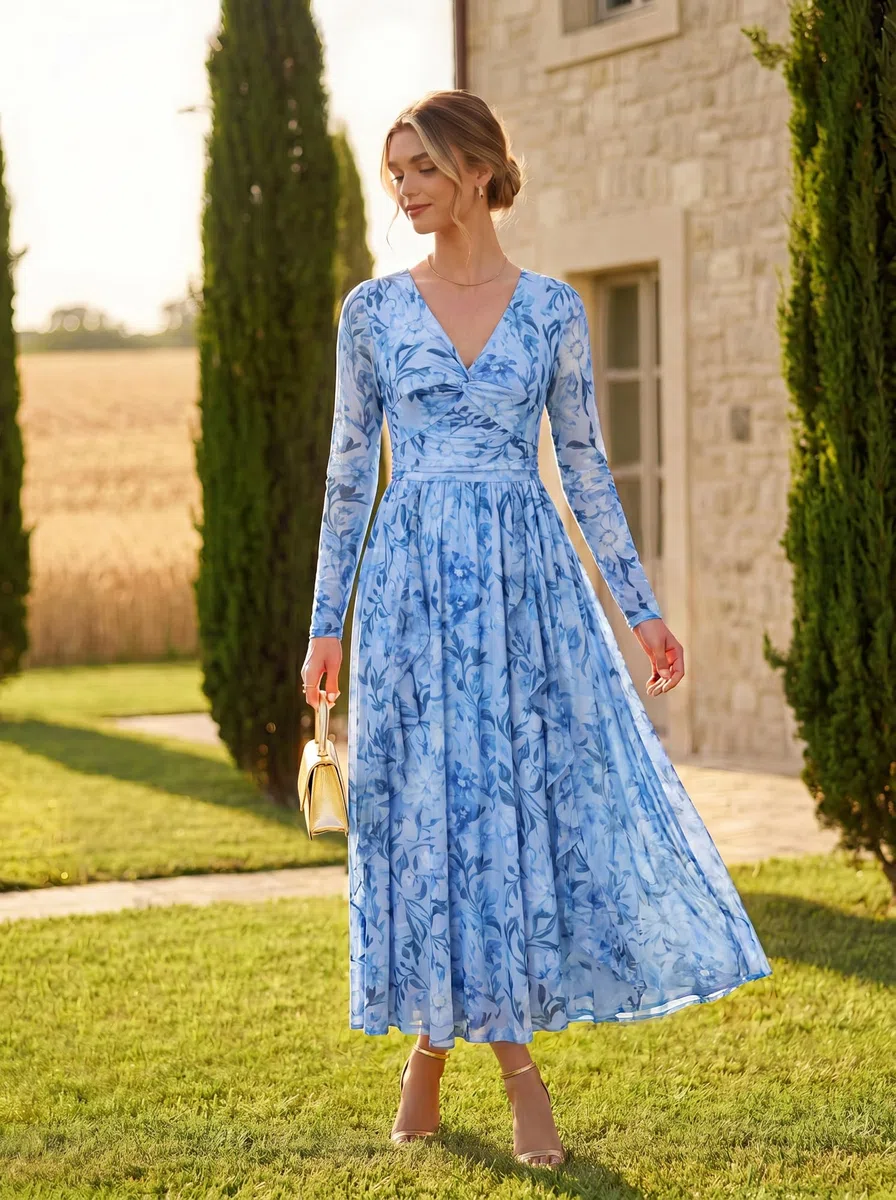 GRACE KARIN Vestido elegante para mujer, cuello en V, manga larga, vestido de cóctel, vestido de flores, vestido maxi, fiesta, boda