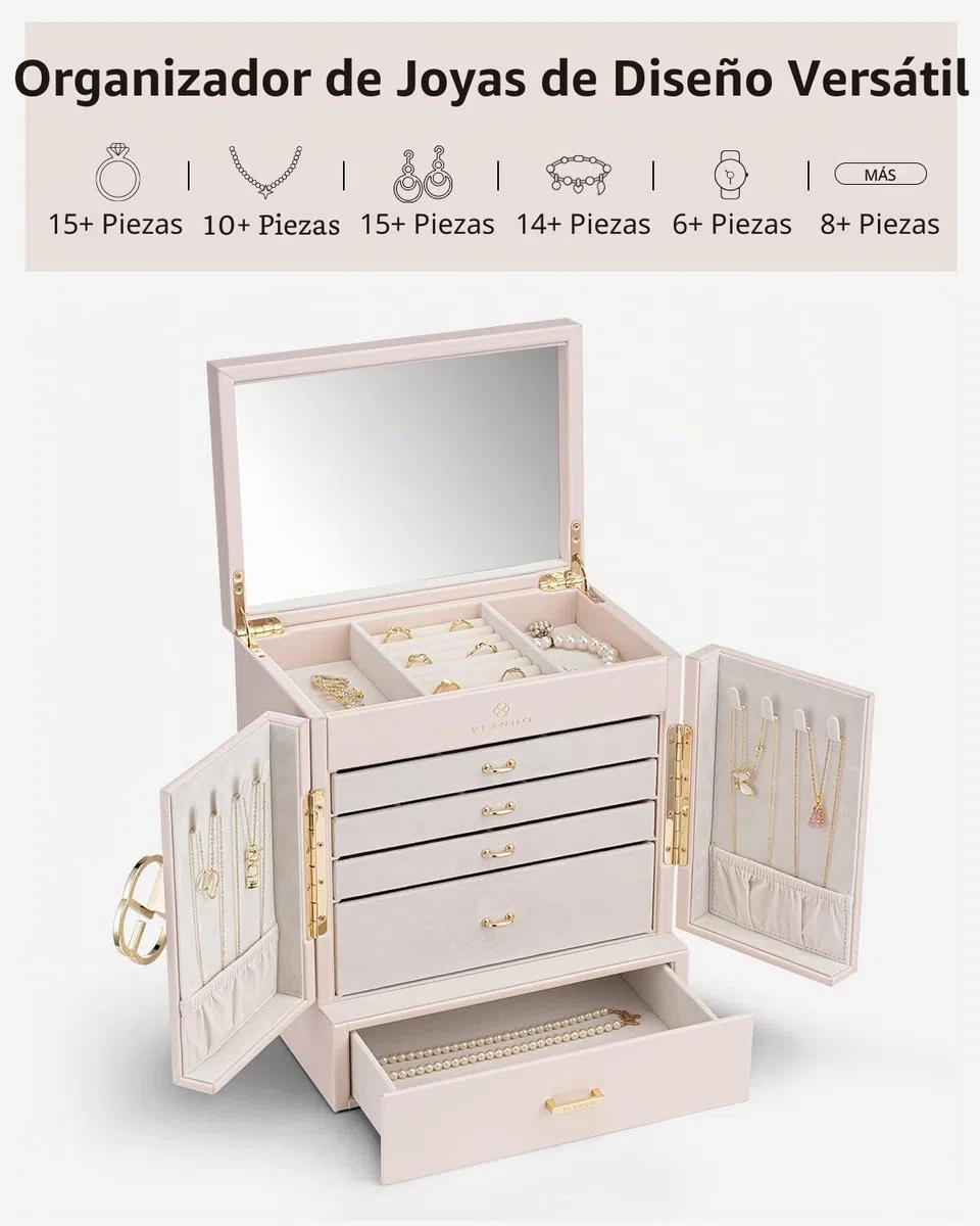 Vlando Joyero para mujer, organizador de joyas con 5 dibujos, cajas de joyería de piel sintética para mujeres y niñas, collar y anillos, caja de almacenamiento color blanco albaricoque