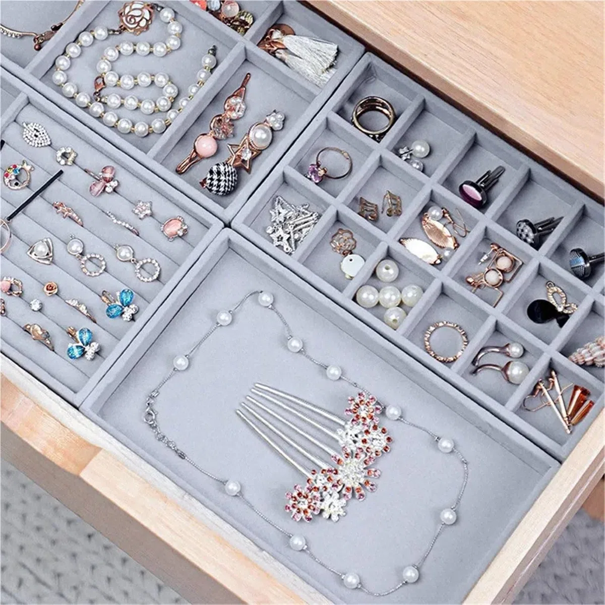 Organizador de joyas terciopelo, bandeja almacenamiento, exhibidor anillos, pulseras y collares, caja exhibición, bandejas for cajones Para Collares, Pendientes y Anillos