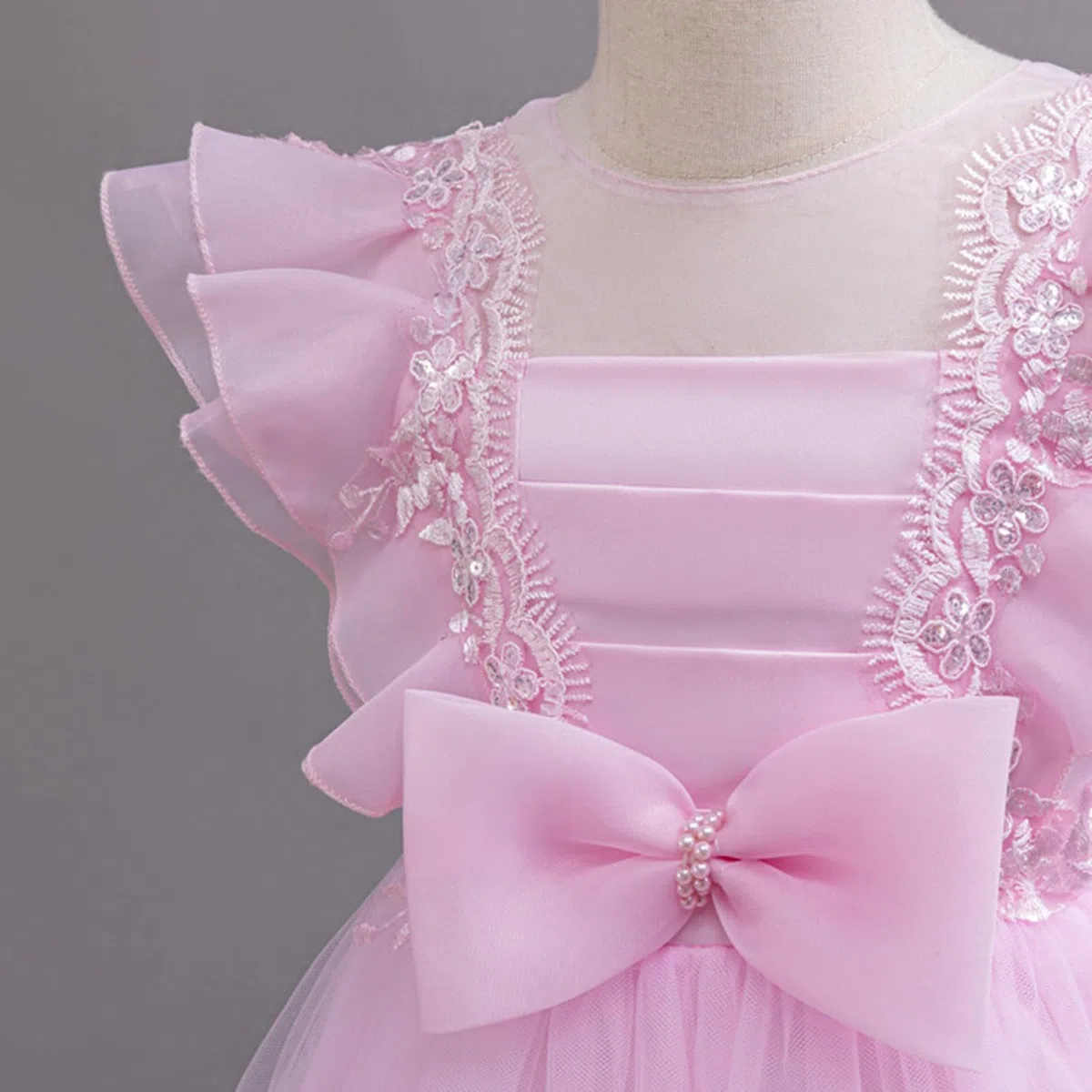 Vestido de princesa para niñas, con lazo de tul, para fiesta de cumpleaños, formal, vestido de graduación, boda, dama de honor, concurso, manga con volantes, lindos vestidos
