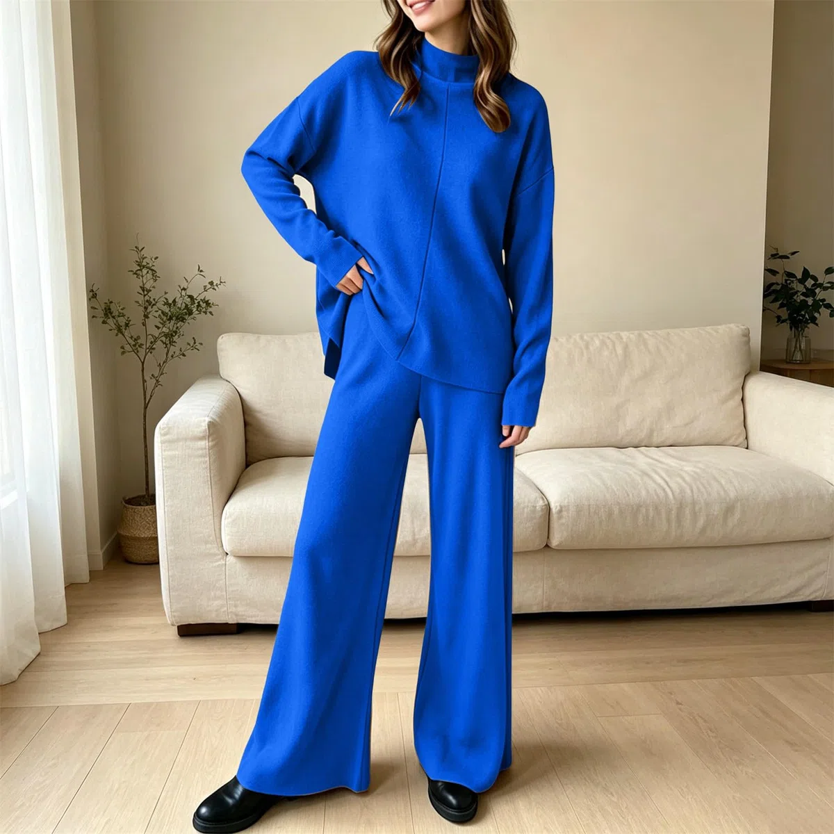 Conjunto de punto para mujer de dos piezas, elegante, 2 piezas, pantalones