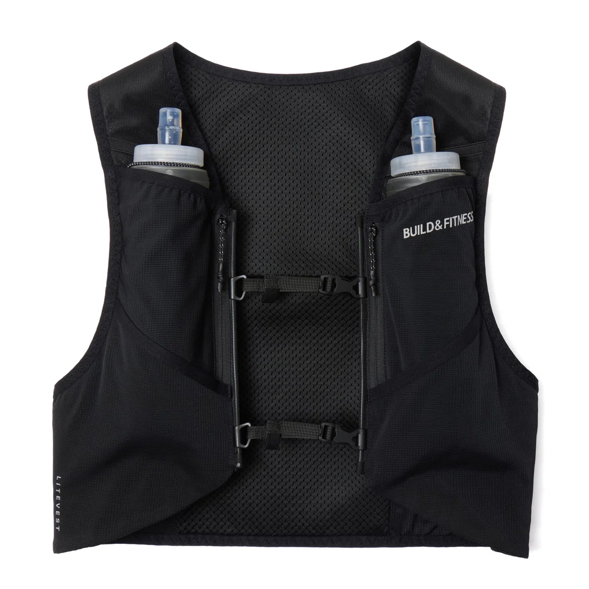 Chaleco de running LITEVEST de Build & Fitness con 2 botellas blandas de 500 ml, 7 bolsillos, ligero y transpirable, premium, seguro, cómodo y elegante para trail running, maratones y carreras diarias