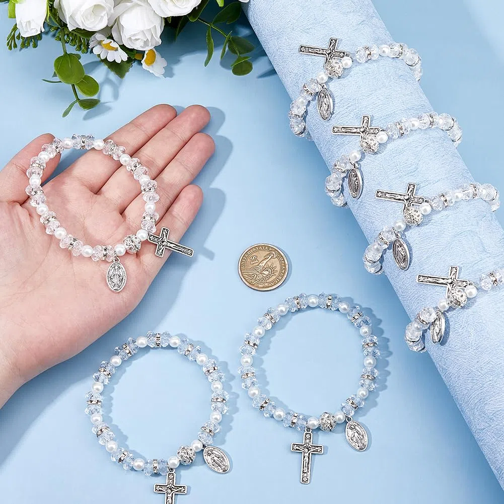 Pulsera de rosario elástica con cuentas y bolsas de malla, para bautizo, comunión, pulseras católicas con crucifijo para mujer