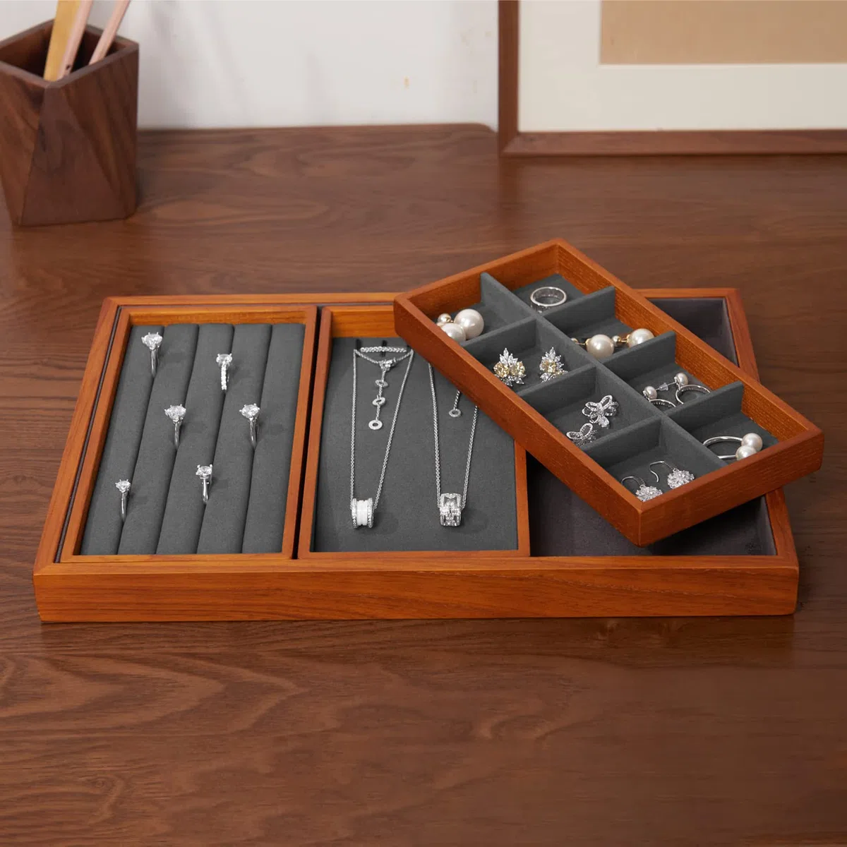 Oirlv Bandeja Apilable 4 En1 De Madera,Para Joyas, | Anillos, Pendientes,Pulseras,Collares Organizadores(Gris)