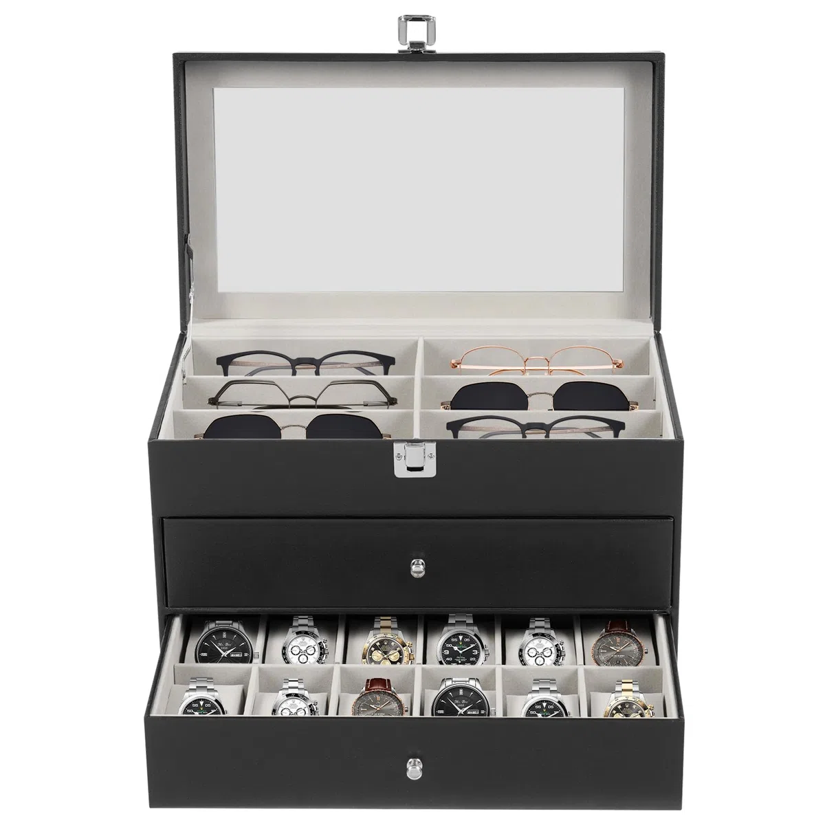 Caja de almacenamiento para gafas de sol, estuche con cerradura, gafas de sol con tapa de cristal, para guardar 12 relojes y 12 gafas de sol