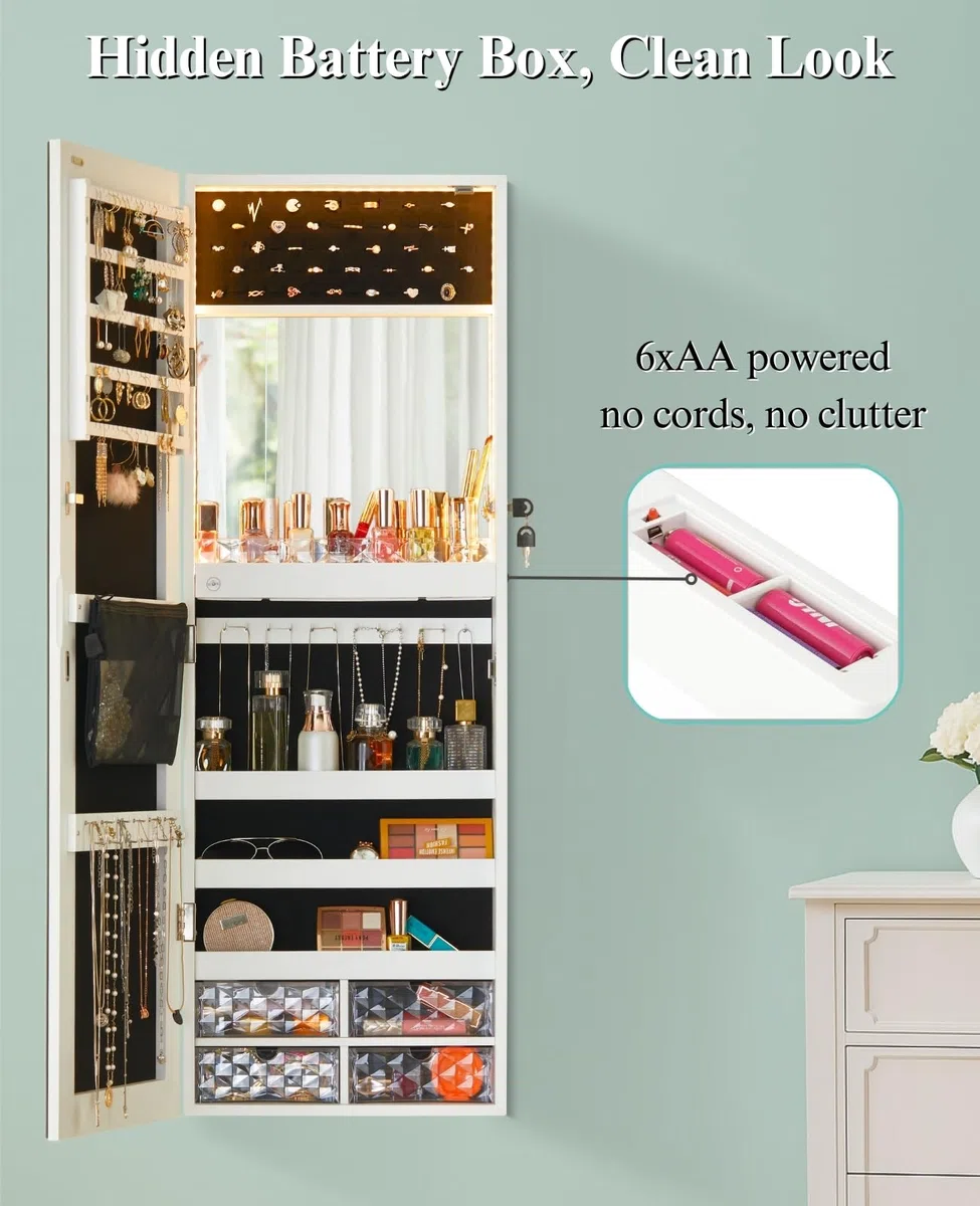 LUXFURNI Espejo de longitud completa con almacenamiento, 79 luces LED, armario de joyería, organizador de joyas montado en la pared o para colgar en la puerta con espejo, espejo de maquillaje