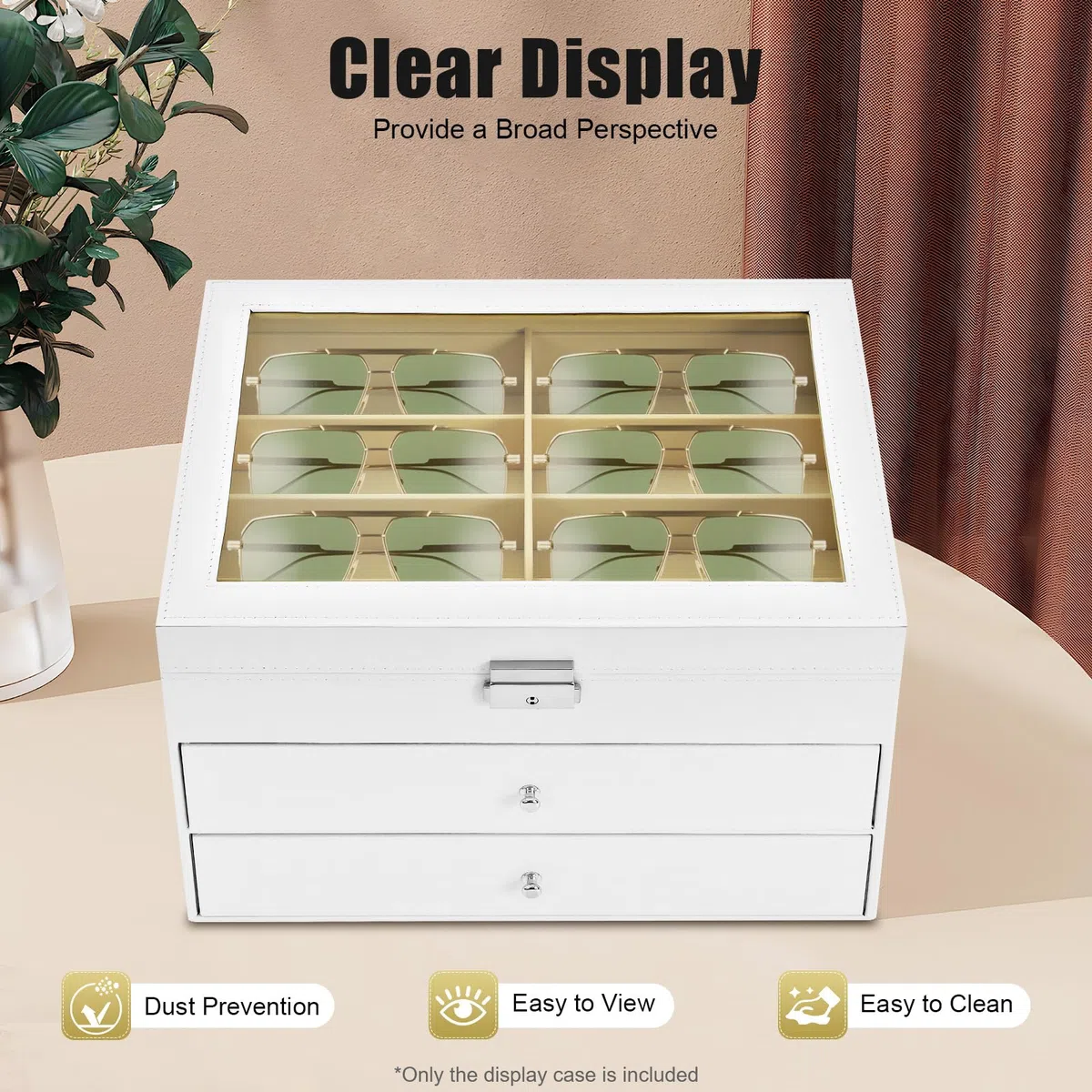 Caja para gafas, joyero, caja de gafas de 3 niveles con 24 cajones y tapa de cristal, organizador de joyas, joyero para pendientes, anillos, relojes