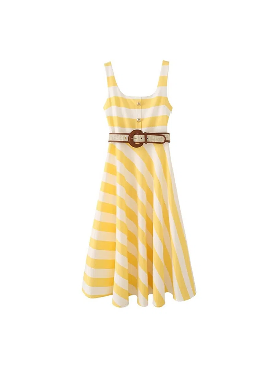 Vestido de Playa for Mujer, Camisola sin Espalda, Mangas, cinturón a Rayas, Vestidos Fiesta Largos y Elegantes