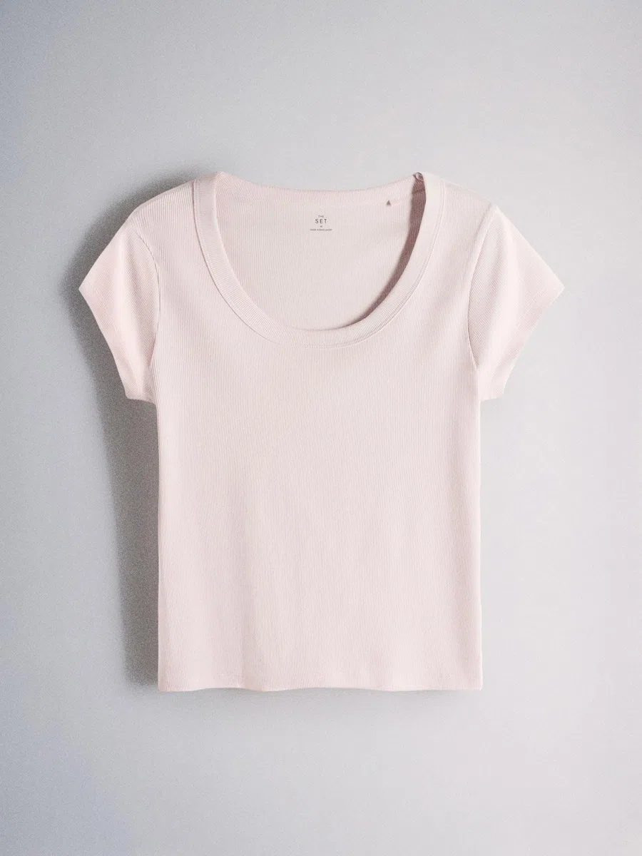 THE SET Mujeres Pack de 5 Camisetas de canalé con Mangas japonesas y Cuello Redondo