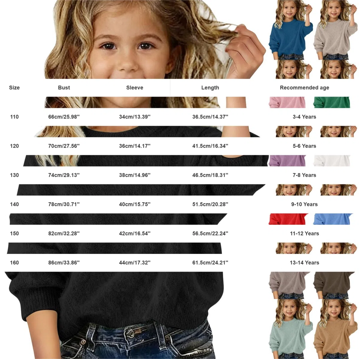 Jersey de punto para niña con hombros caídos, cuello redondo