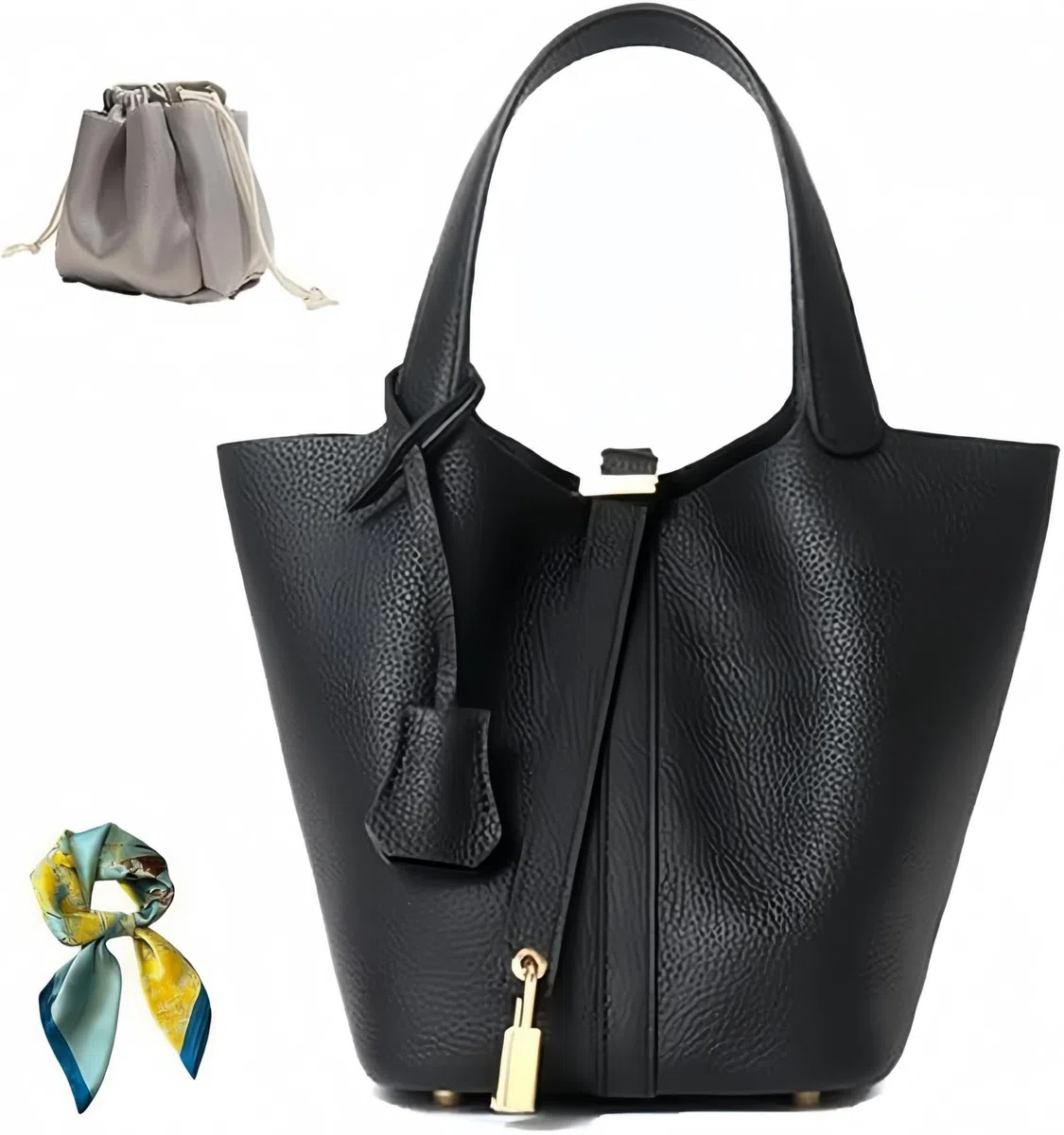 Bolso de piel auténtica para mujer: bolso de hombro con diseño de cerradura, versátil y asa superior, cesta de verduras de moda