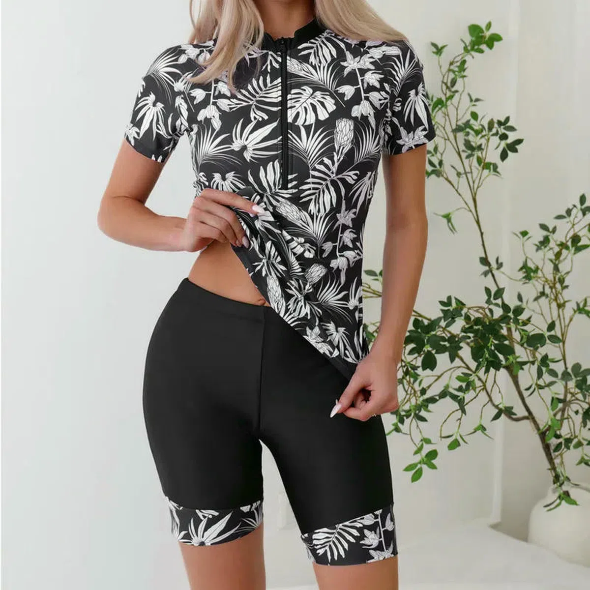 bañador Tankini De Manga Corta – Mujeres con Cremallera Delantera Upf50 + Conjunto Pantalones Cortos Natación Cintura Alta-b-m