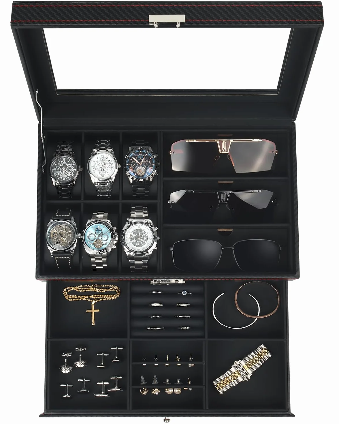 Kukikan Joyero organizador de relojes, caja de reloj y gafas de sol con tapa grande de cristal, 6 ranuras y 2 capas, joyero para hombre con cerradura, soporte para reloj, regalo para hombres y mujeres