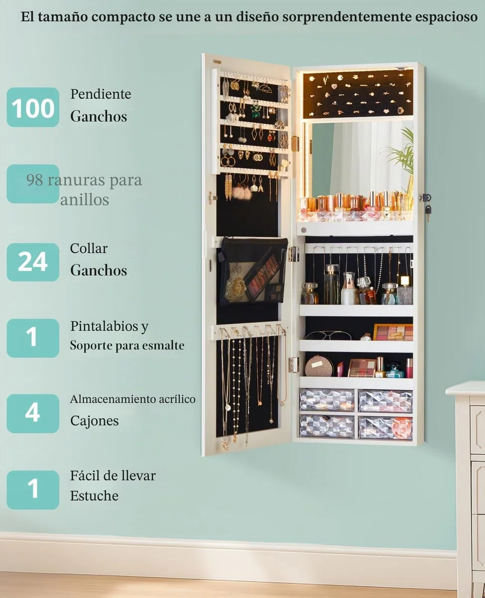 LUXFURNI Espejo con luces LED para colgar en la pared o en la puerta, espejo de longitud completa de 42 pulgadas con almacenamiento, espejo de maquillaje integrado, organizador de espejo de joyería