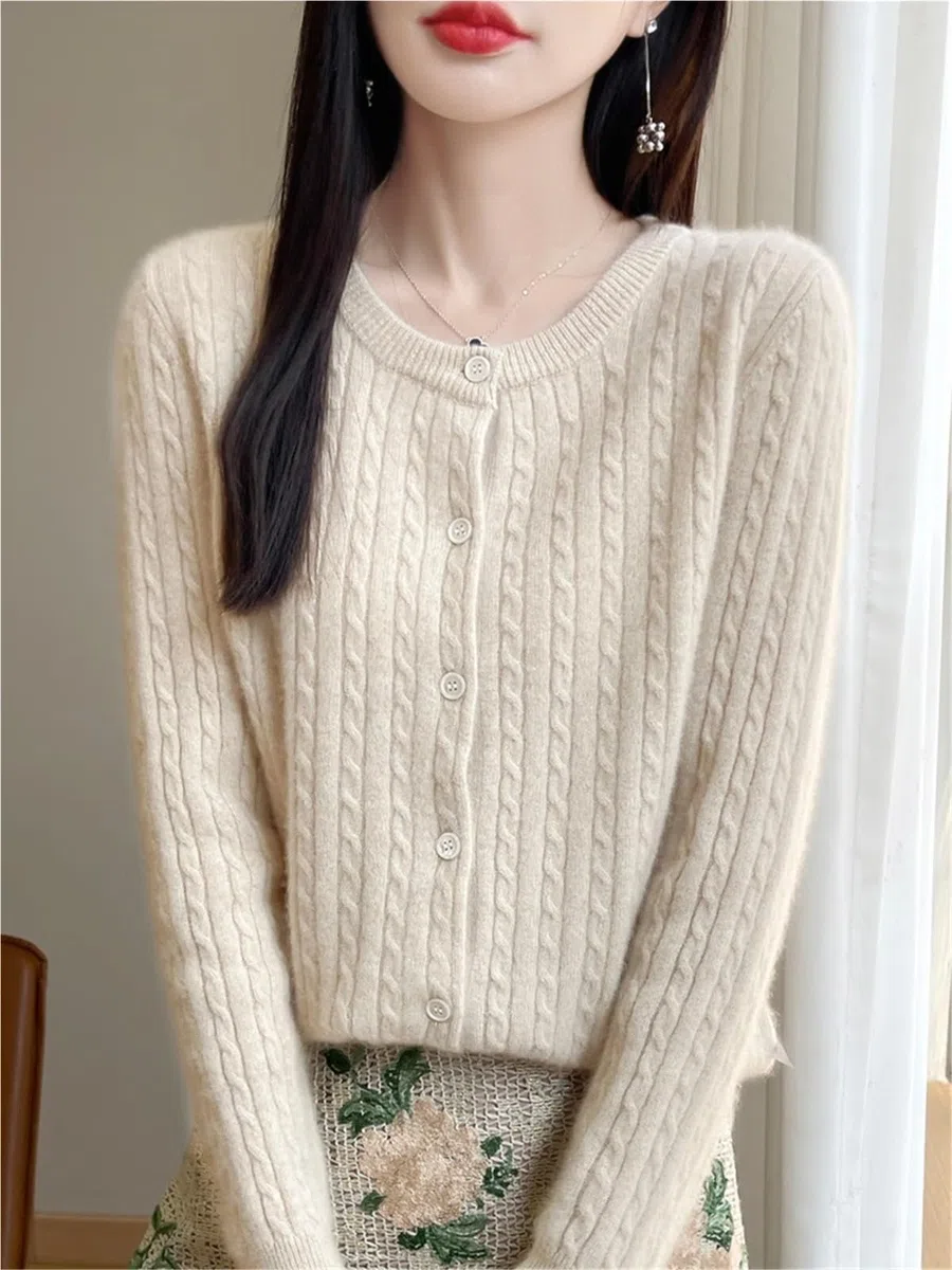 1 Pieza Otoño Invierno Mujer Suéter Cuello Redondo Rebeca de Punto Trenzado Ropa Casual Manga Larga Tops para Uso Diario Y Actividades